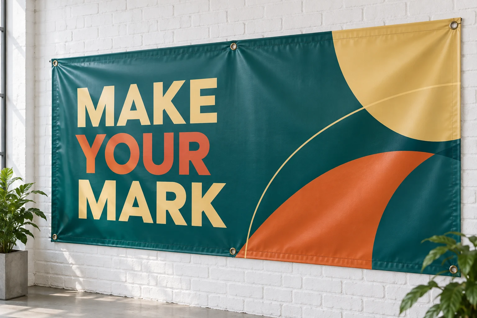 Concept example of a custom printed banner on a brick wall