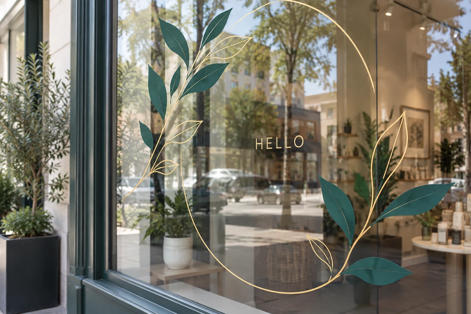Concept example of teal and gold window graphics on shop glass